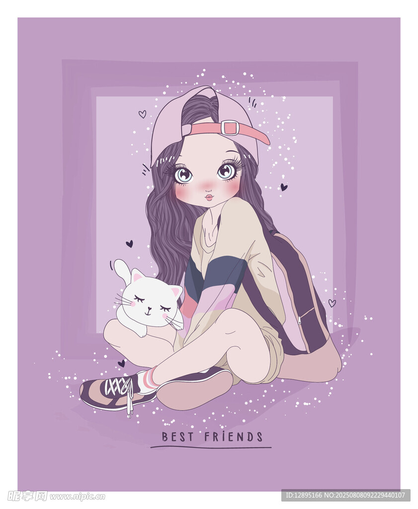 紫色系萌系少女与白兔