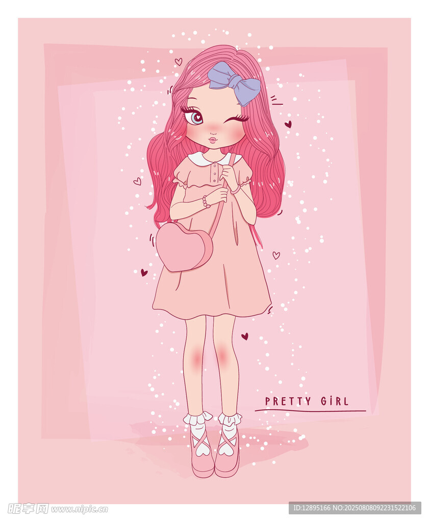 粉色系可爱长发女孩插画