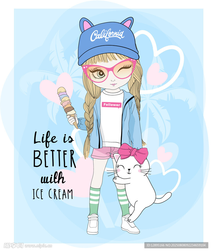 戴猫耳帽的可爱女孩与猫