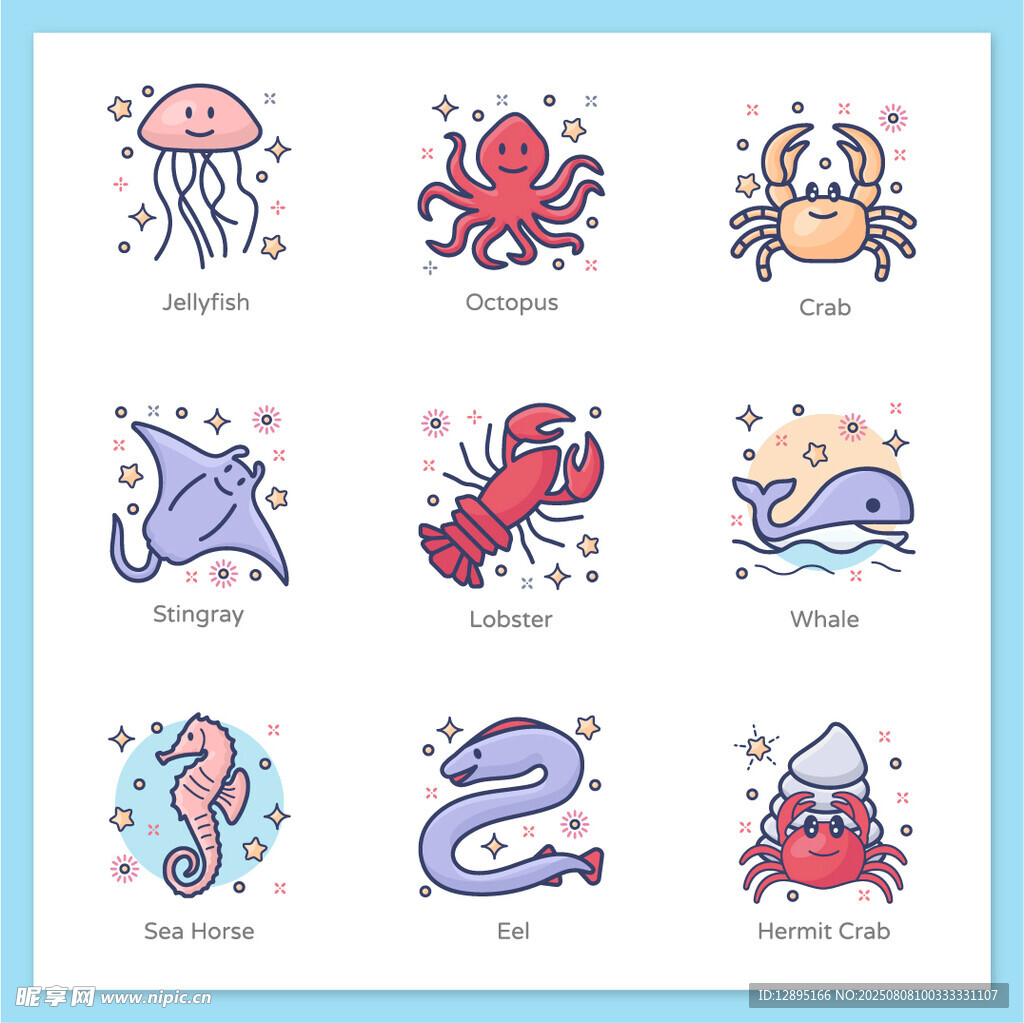 海洋动物卡通图案集合