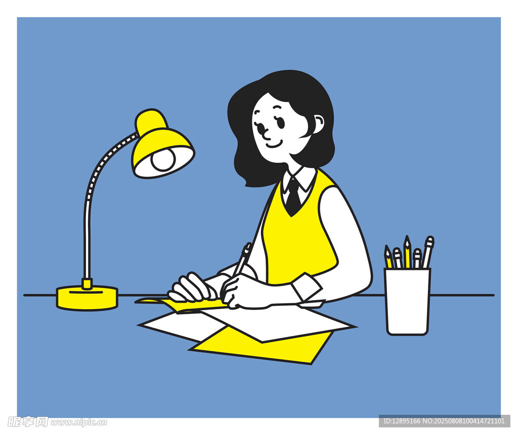 女孩灯下专注伏案创作