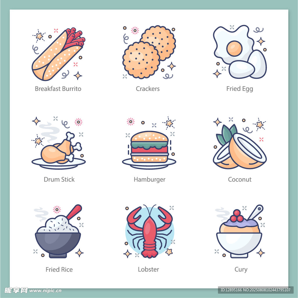 卡通风格的多样美食图标