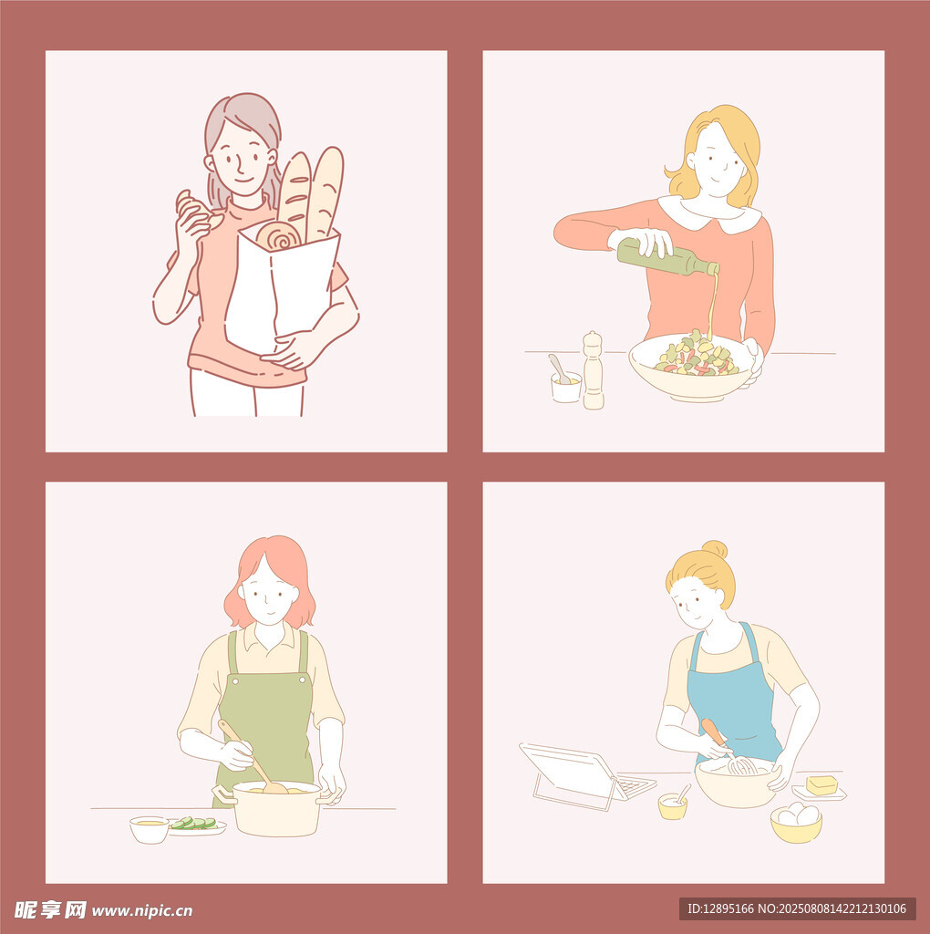 女性日常烹饪场景插画