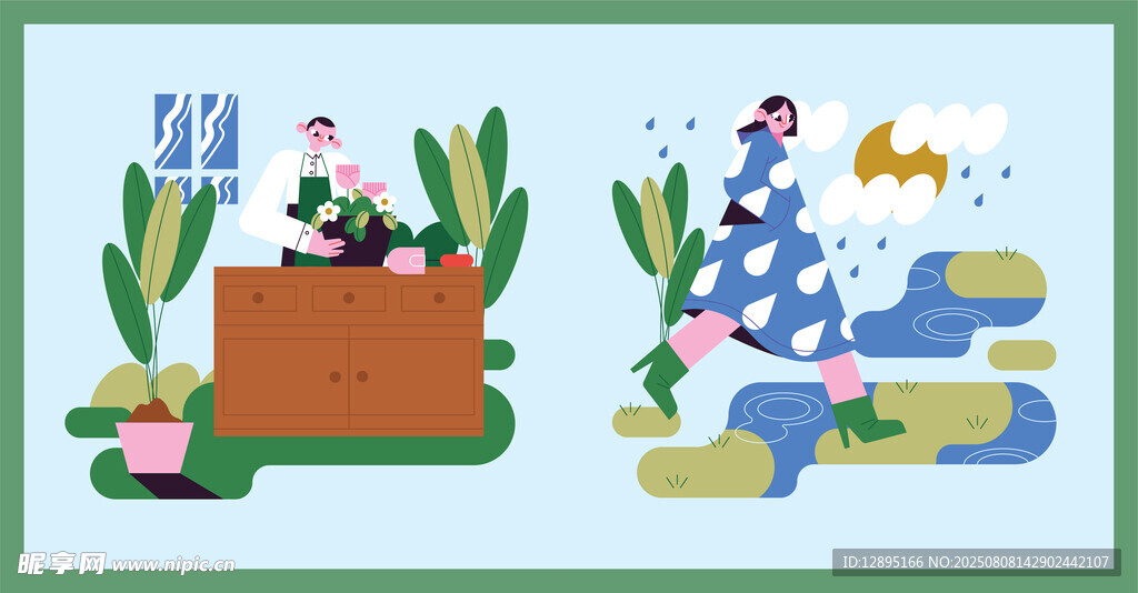 卡通风格绿植与动物场景