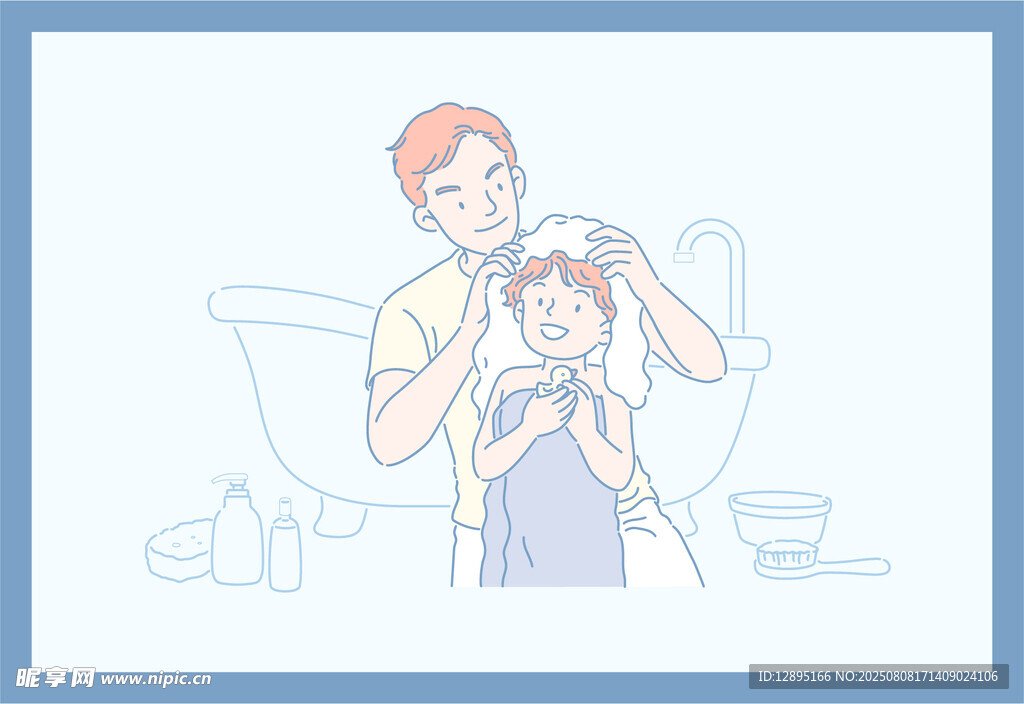 父亲为孩子温柔洗头场景