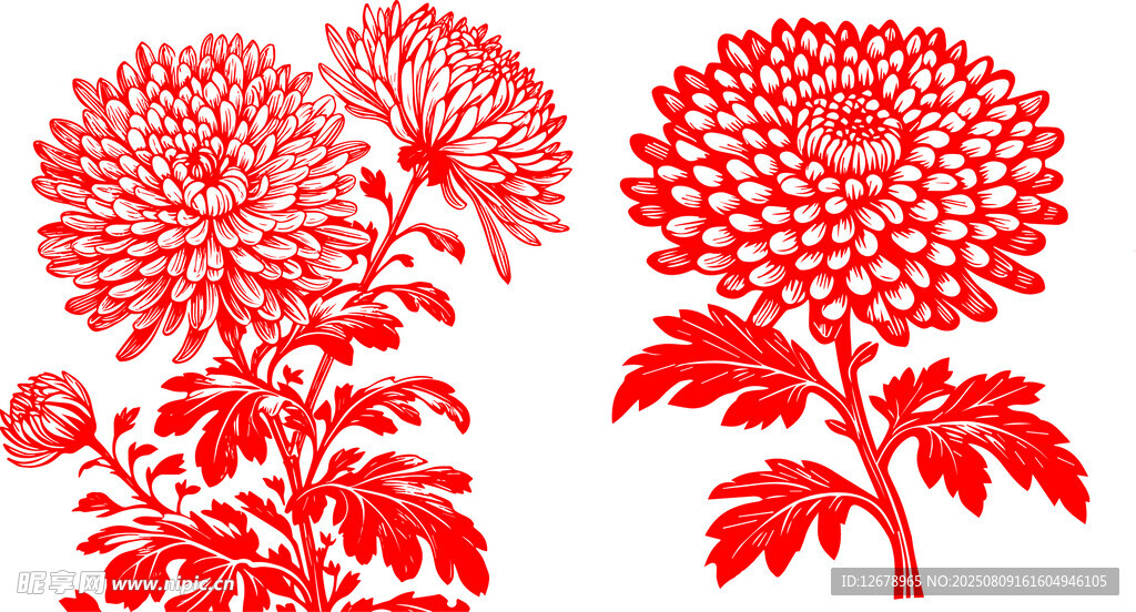 红色剪纸风菊花图案