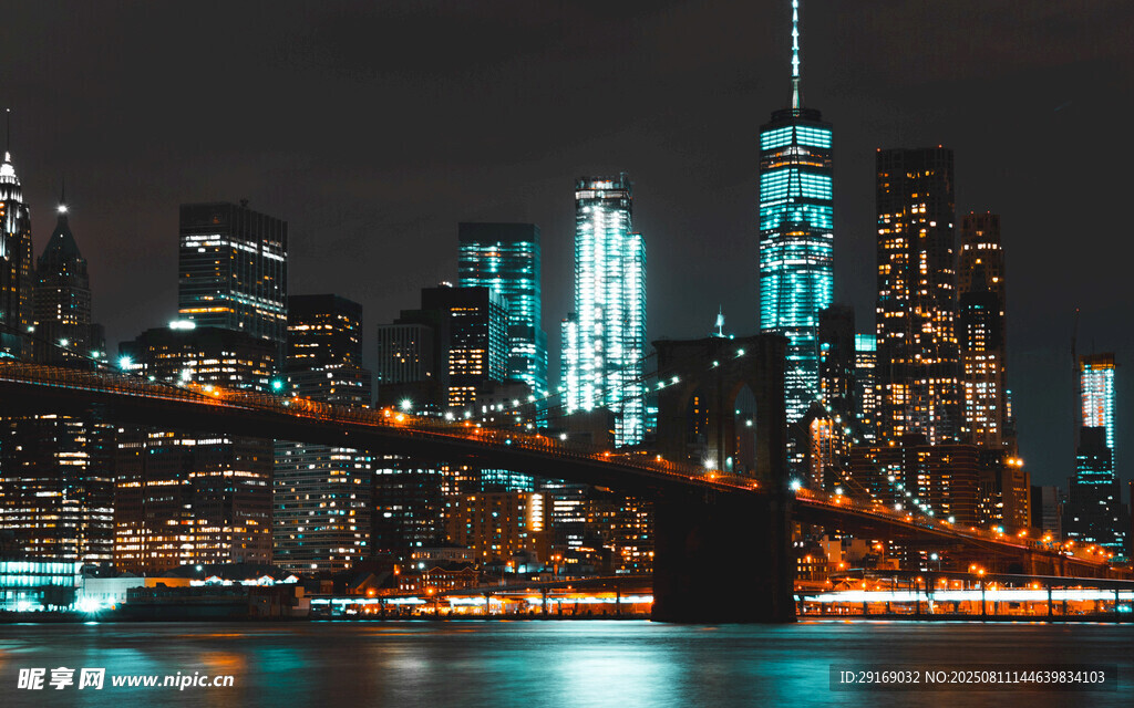 夜晚纽约布鲁克林大桥夜景