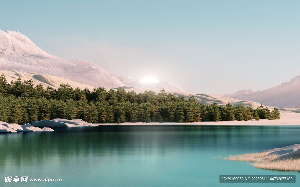 湖畔山林美景 阳光洒落