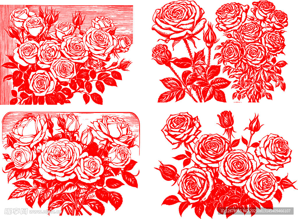 精美红色玫瑰花花卉剪纸图案