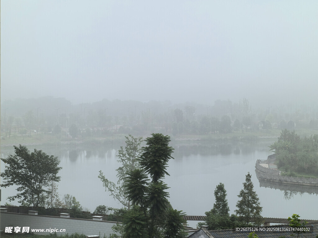 雾中城市湖畔景致