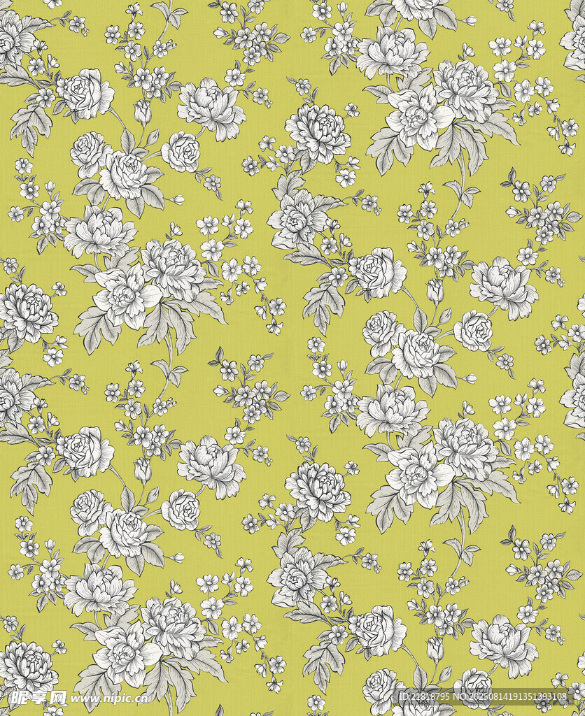 黄绿底白花花卉图案