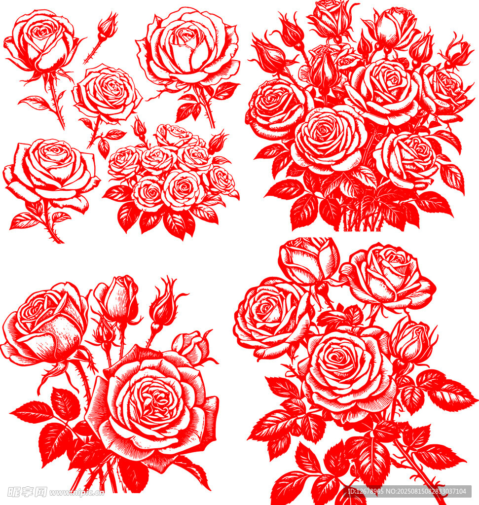 红色剪纸风玫瑰花图案
