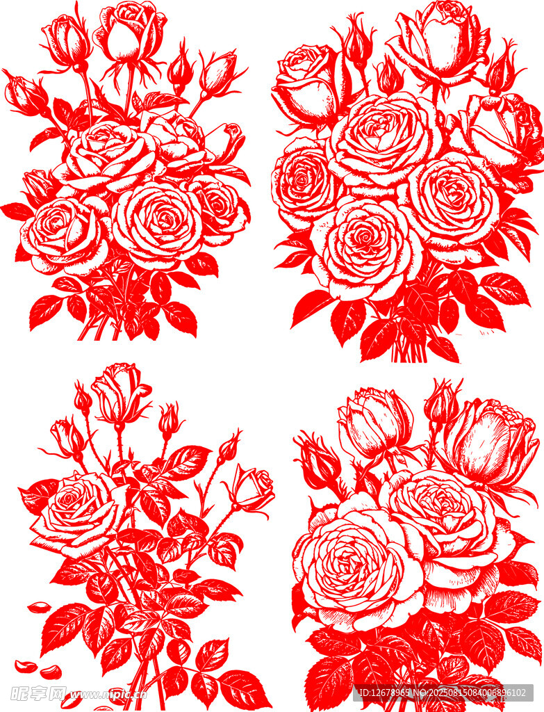 红色剪纸风玫瑰花卉图案