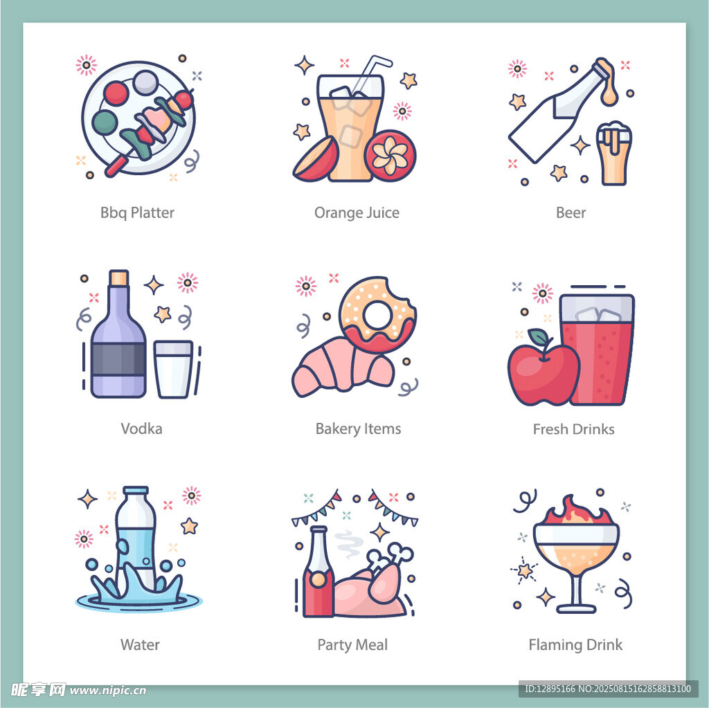 多彩饮品与美食图标集