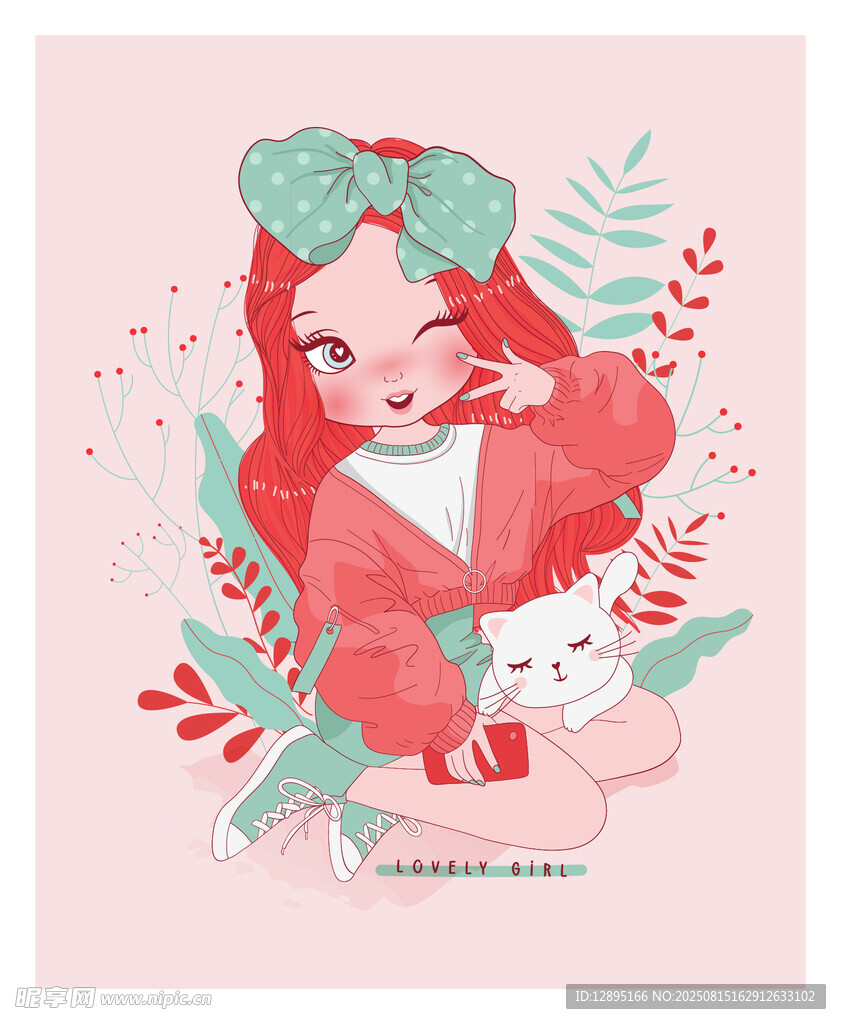 红发女孩与猫咪插画