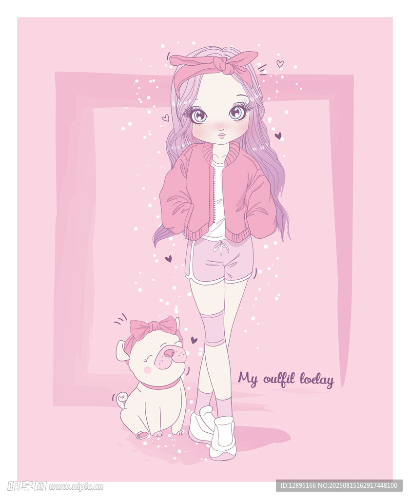 粉色系萌系女孩与玩偶