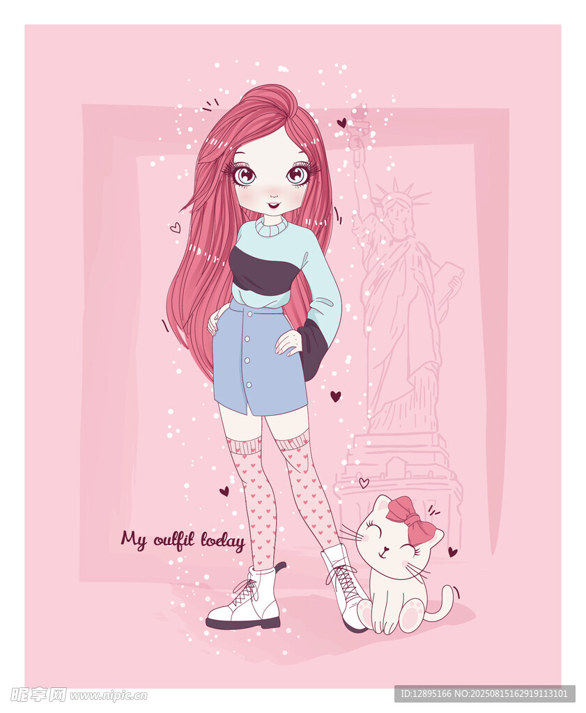 粉色系可爱少女与猫咪
