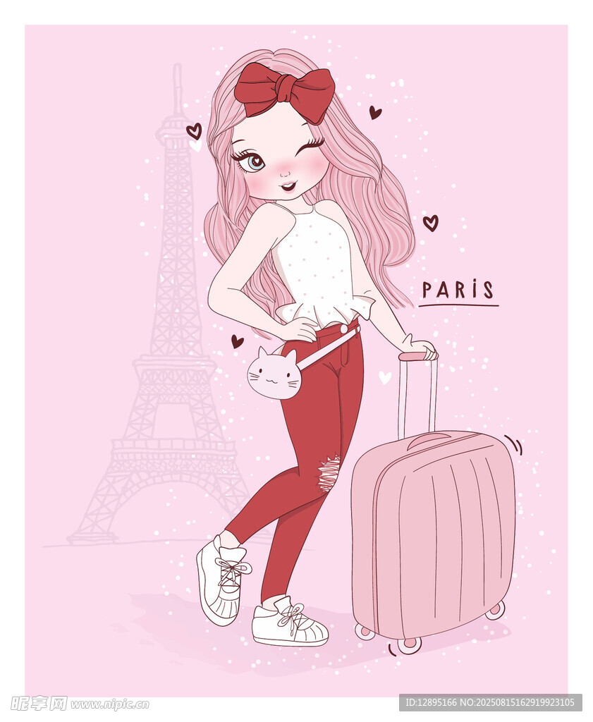 旅行少女与粉色行李箱