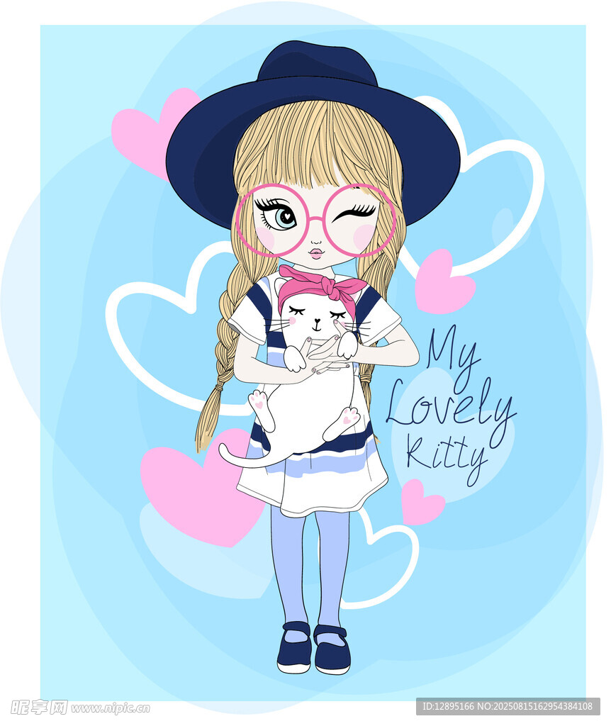 可爱女孩抱猫插画
