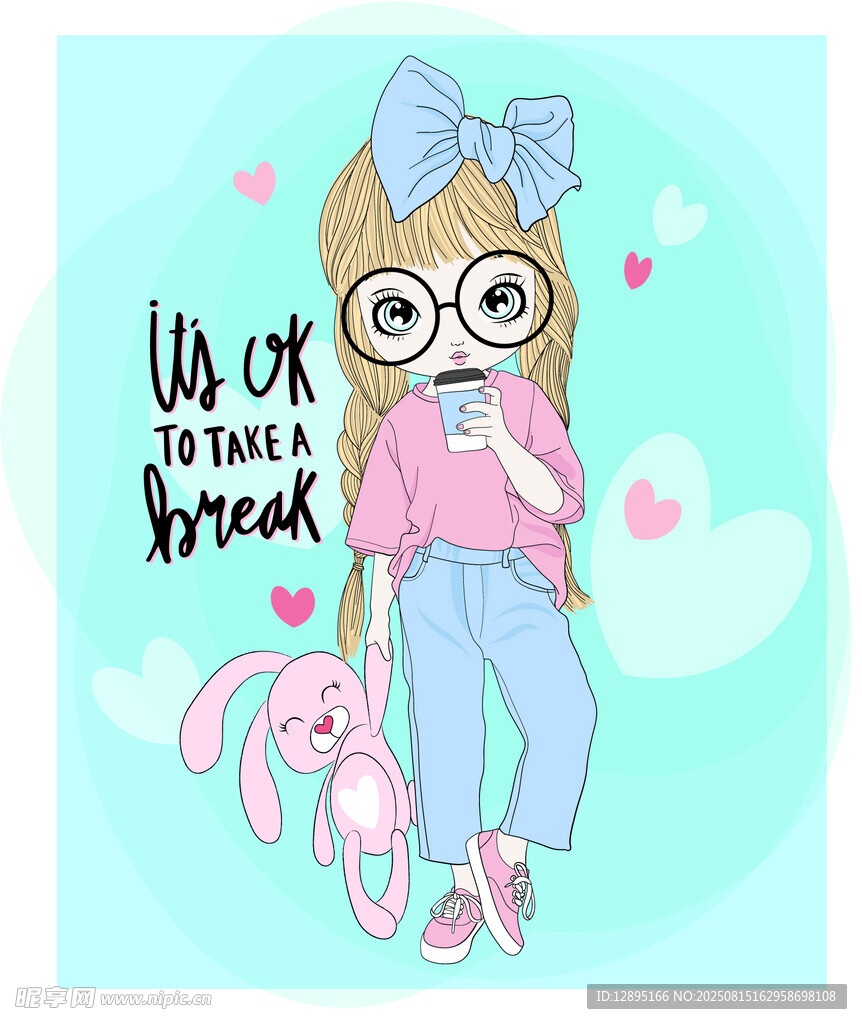 戴眼镜萌妹与粉色兔子玩偶