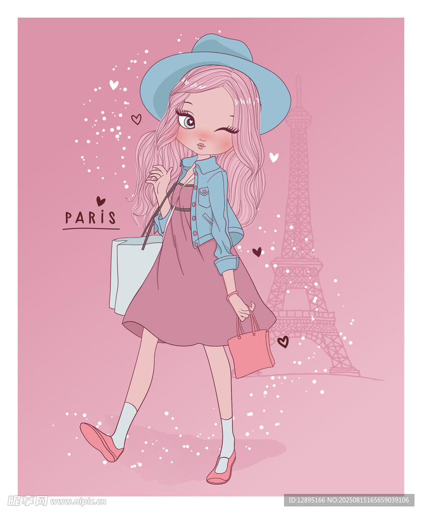 粉色系可爱女孩购物插画