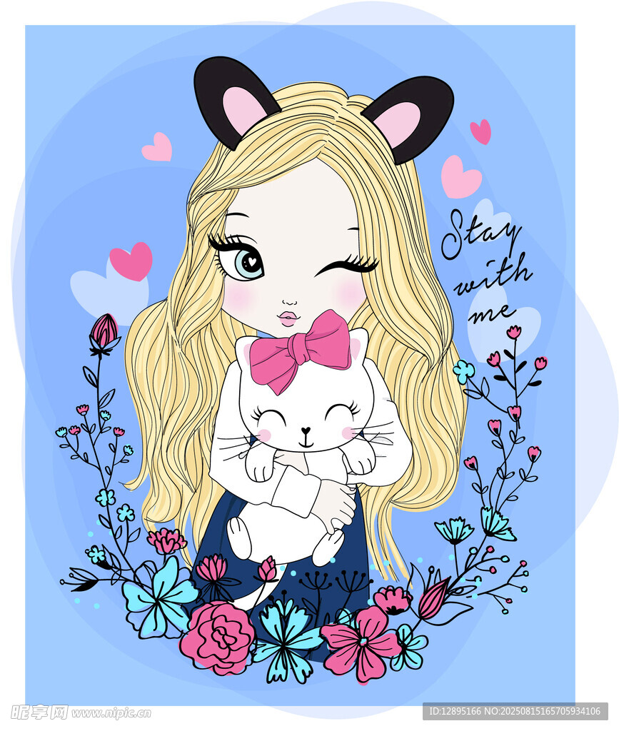 可爱猫耳女孩与猫咪插画