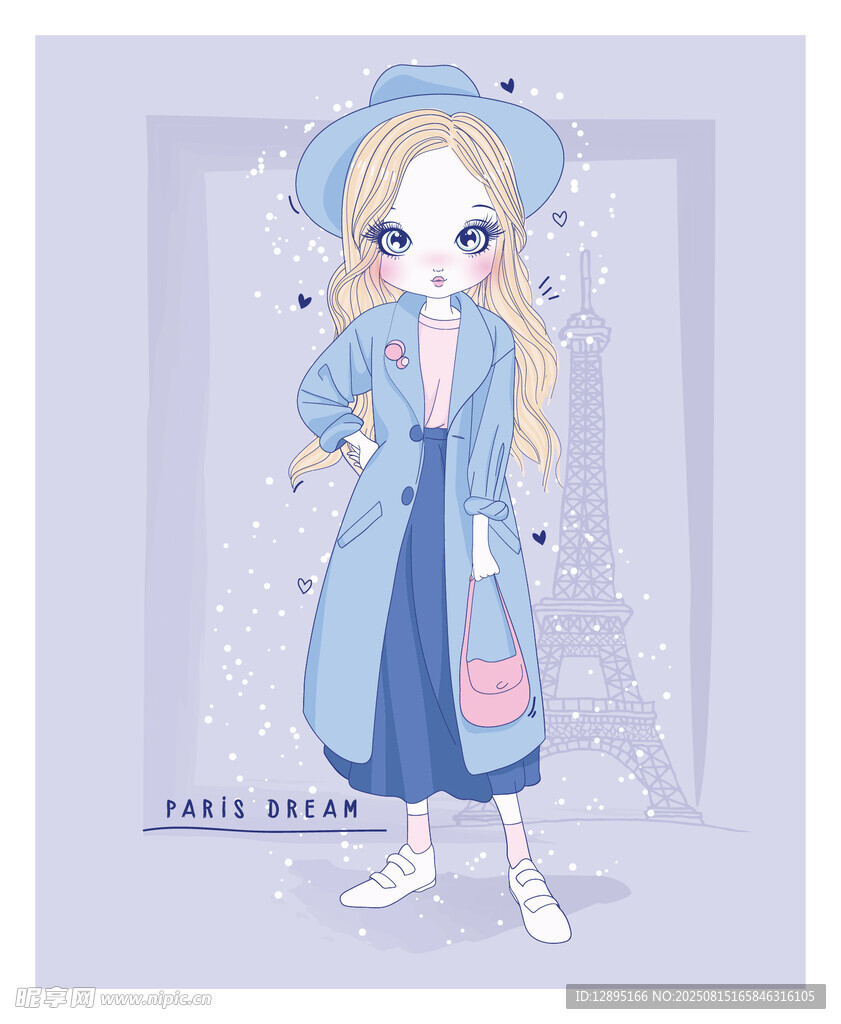 蓝裙金发女孩时尚插画