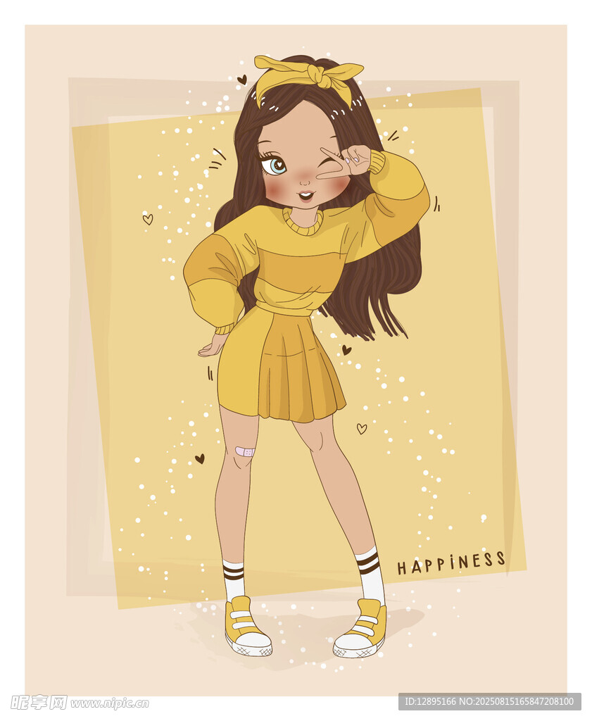 时尚黄衣少女俏皮插画