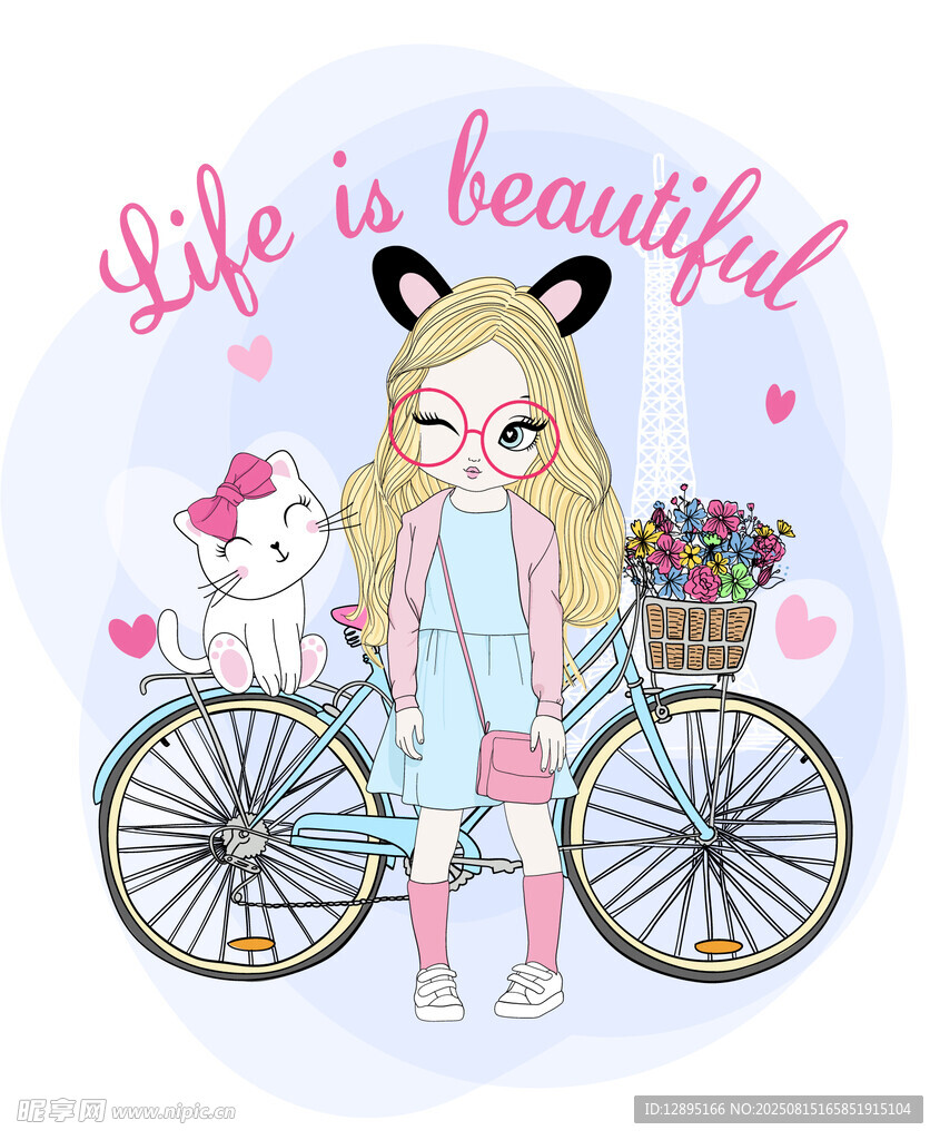 骑自行车的甜美女孩与猫咪