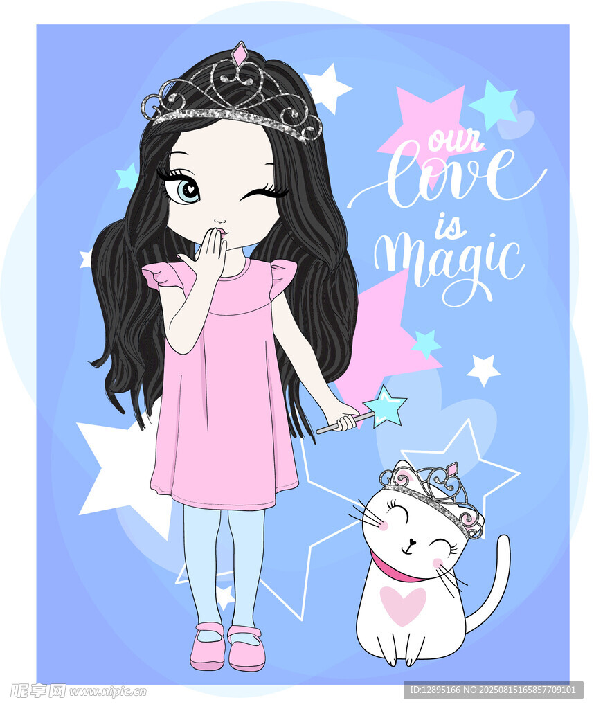 可爱粉裙女孩与猫咪