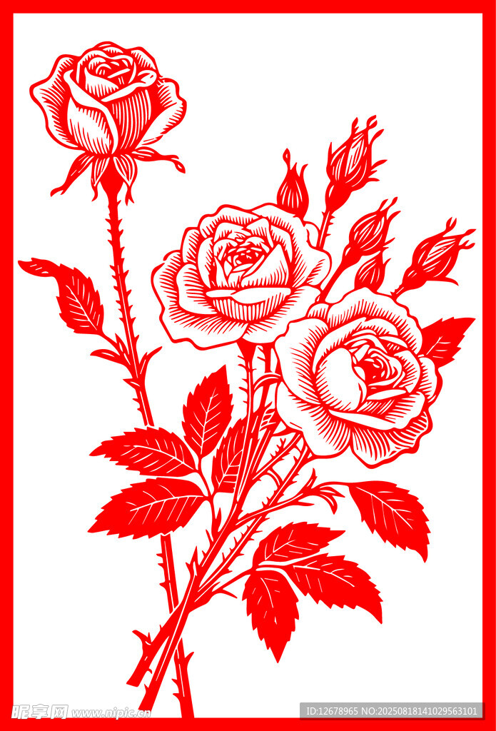 红色剪纸风三朵玫瑰花