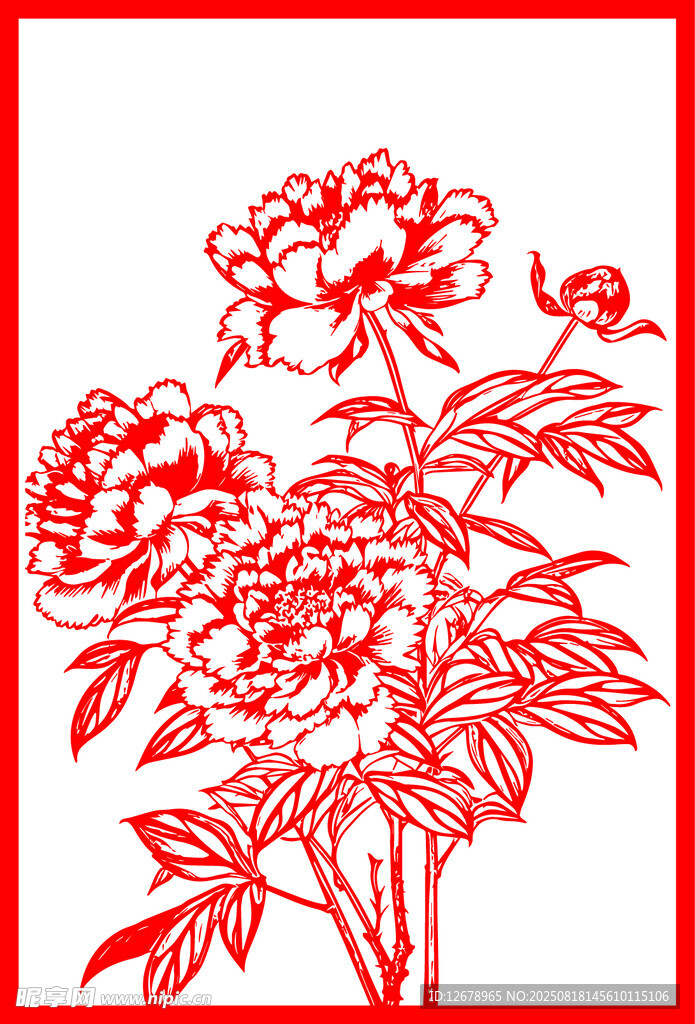 红色剪纸风盛开的牡丹花