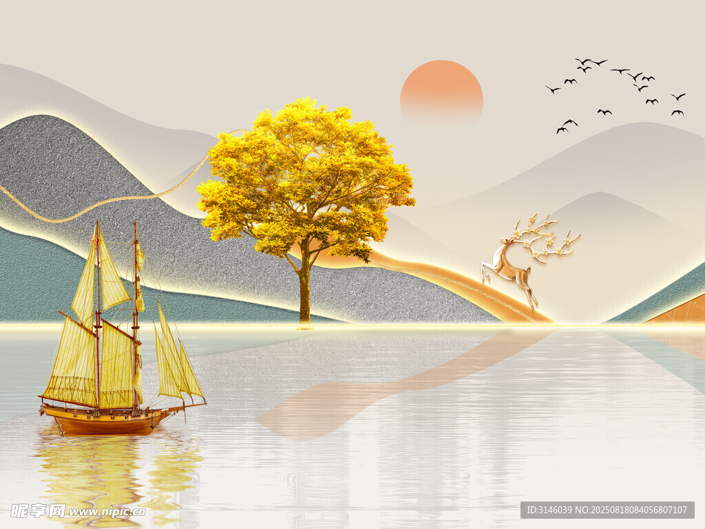 秋日江畔孤树帆船美景