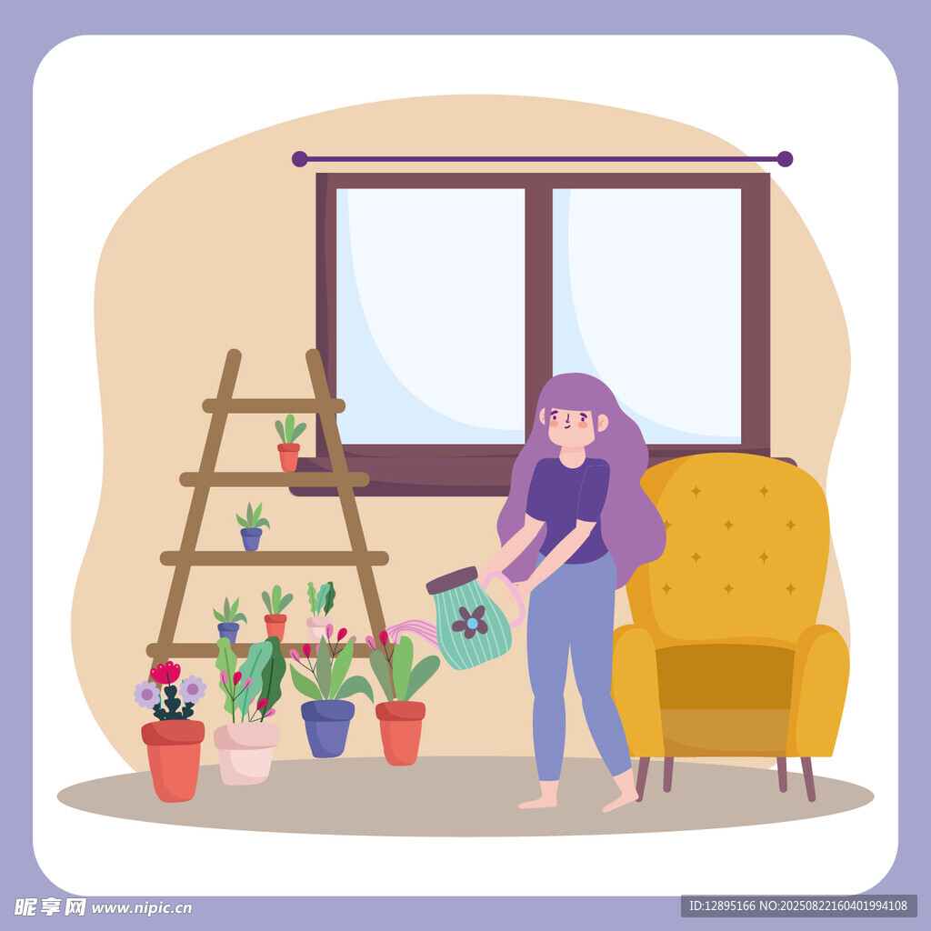室内女士给绿植浇水场景