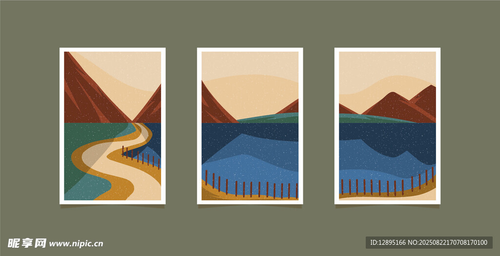 三幅简约山川风景插画