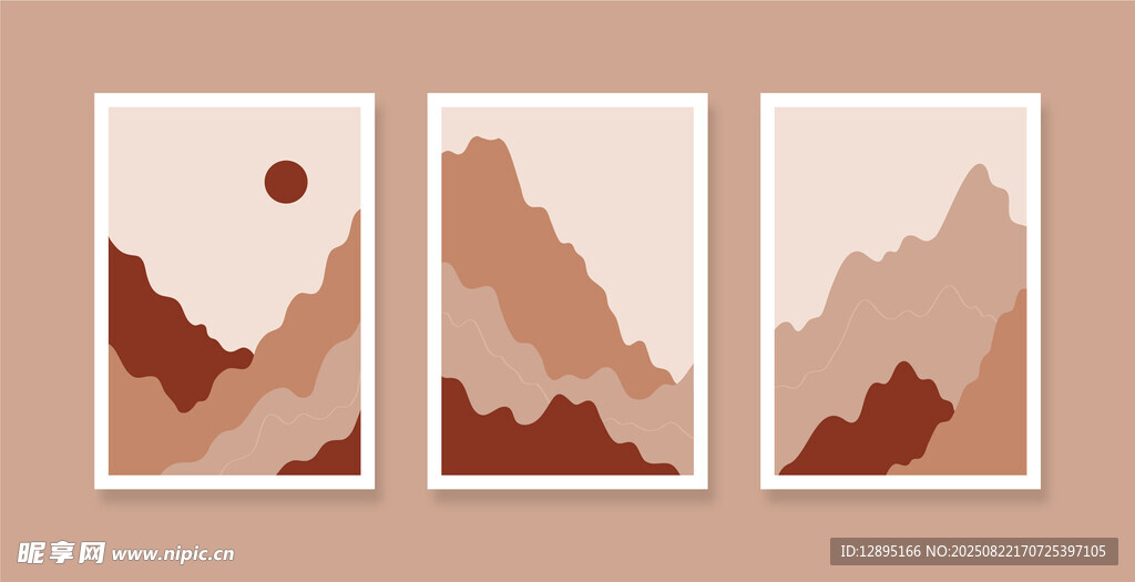 三联简约山川风景插画