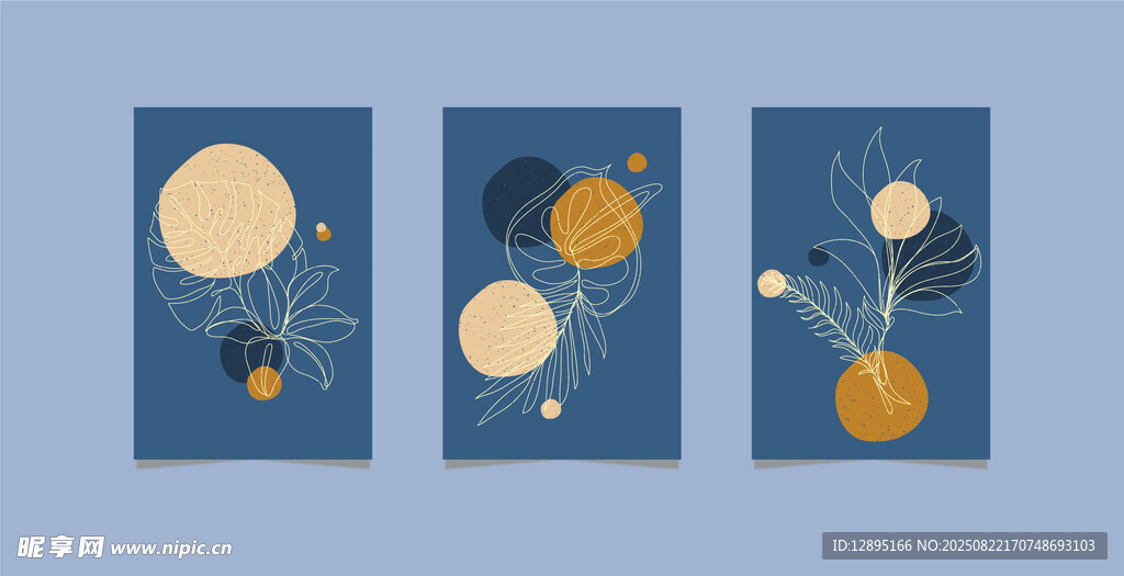 蓝色背景抽象植物挂画