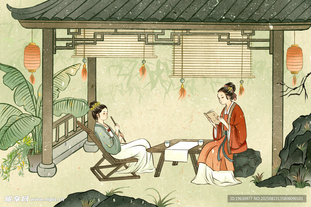 古亭中古人对坐品茶场景