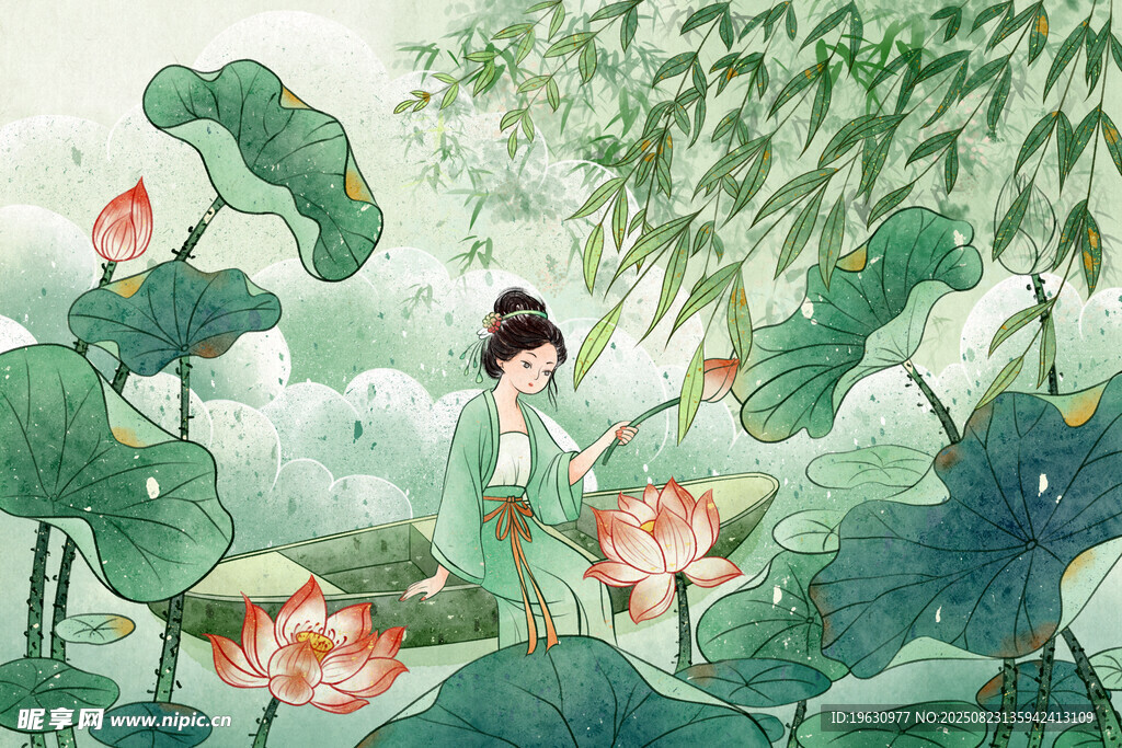 荷塘佳人插画