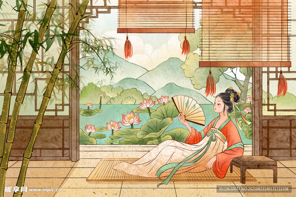 古风美人倚坐赏景图