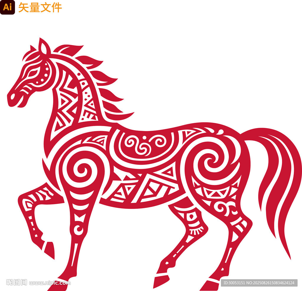 红色剪纸风奔跑骏马