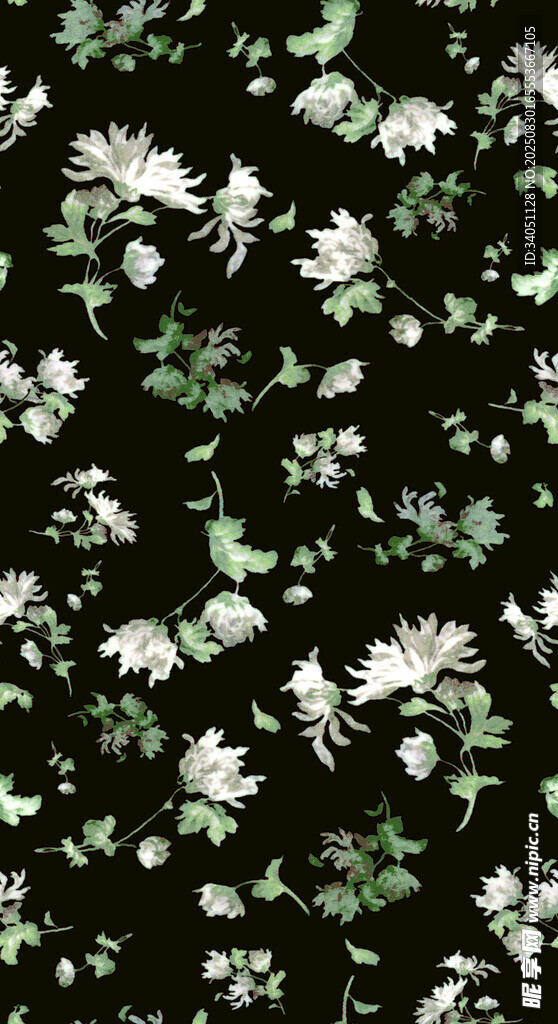 黑色底绿叶白花花卉图案