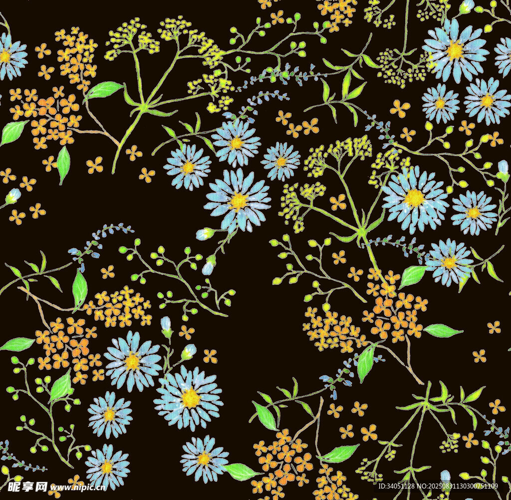 黑色背景上的多彩花卉图案