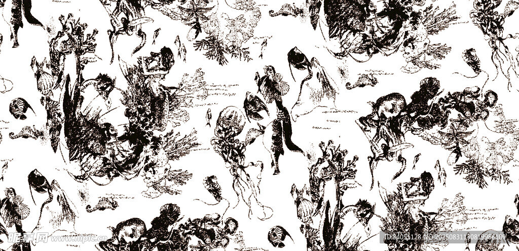黑白手绘风动植物图案