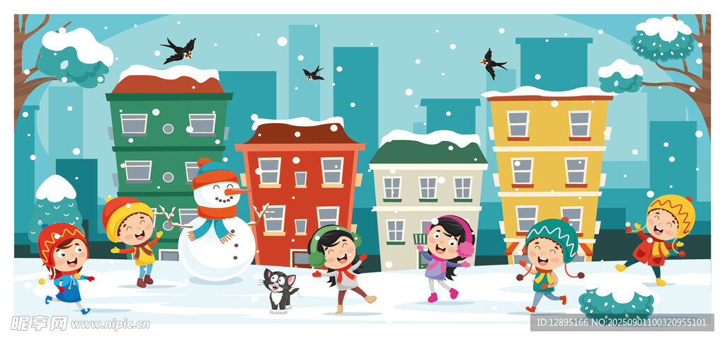 冬日街头儿童欢乐玩耍