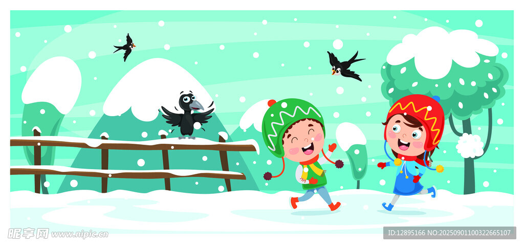 雪地中孩子快乐玩耍场景