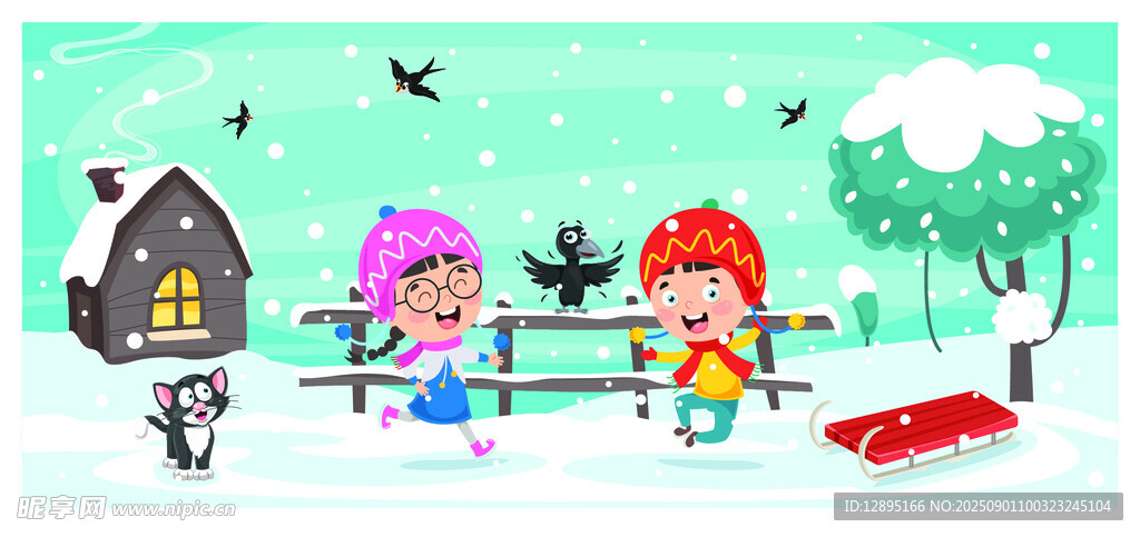 冬日儿童户外欢乐玩耍