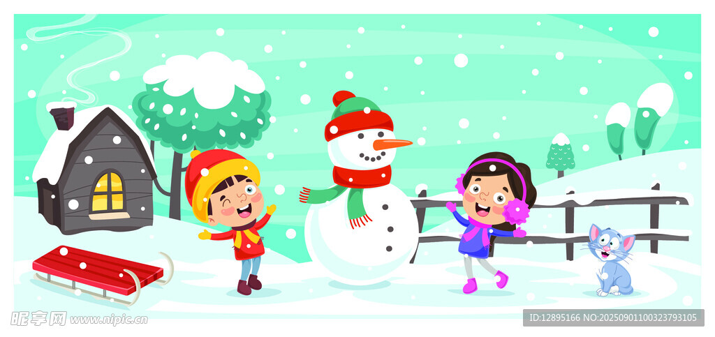 冬日儿童堆雪人欢乐场景