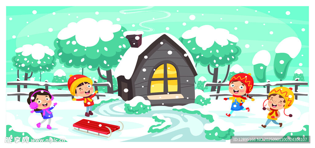 雪地中孩子们玩耍的小屋