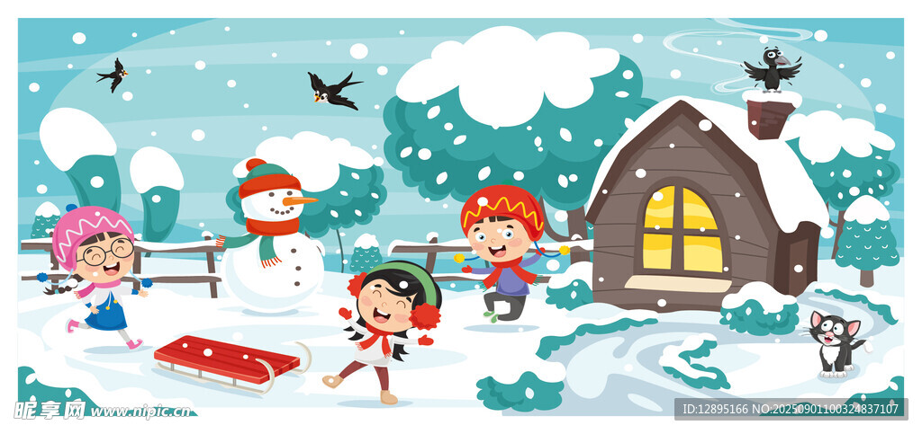 冬日雪地中的儿童欢乐场景